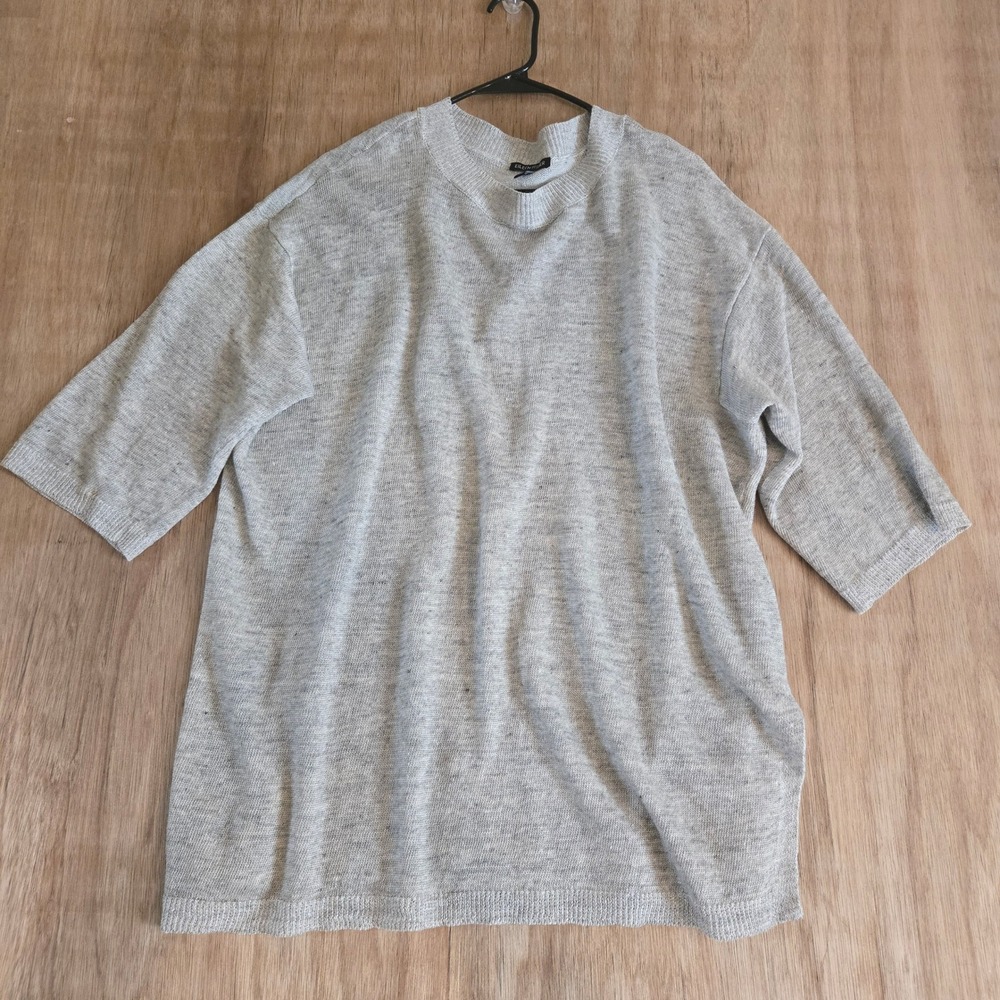 Eileen Fisher 100% Organic Linen Knit Top Gray L/XL Short Sleeve Boxy Sweater